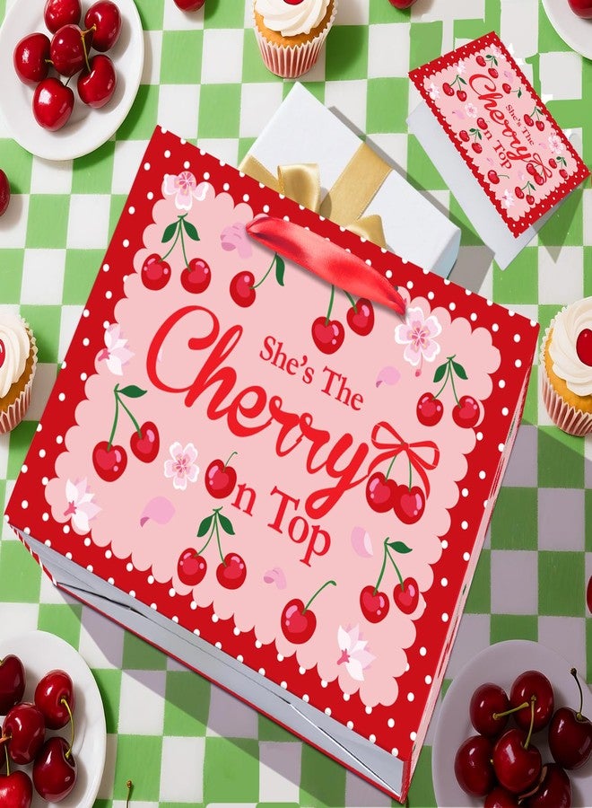 Woosytoo Cherry Birthday Party Gift Bag, Coquette Cherry Wrapping Bag with Tissue Paper and Card She's The Cherry On Top Wrapping Paper for Girls Kids Teens Baby Shower Women Birthday Party Favors - Image 5